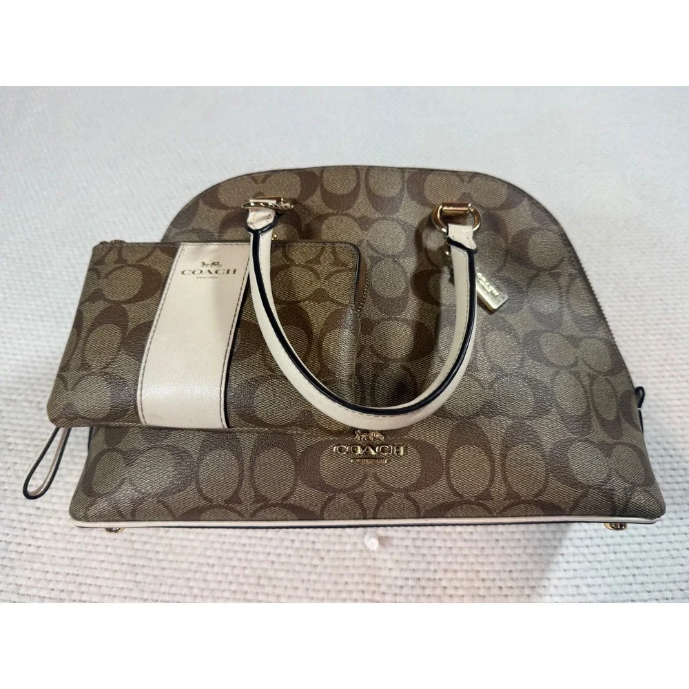 Coach Katy Dome Satchel and Wristlet Set Signature Canvas Brown Chalk C8499